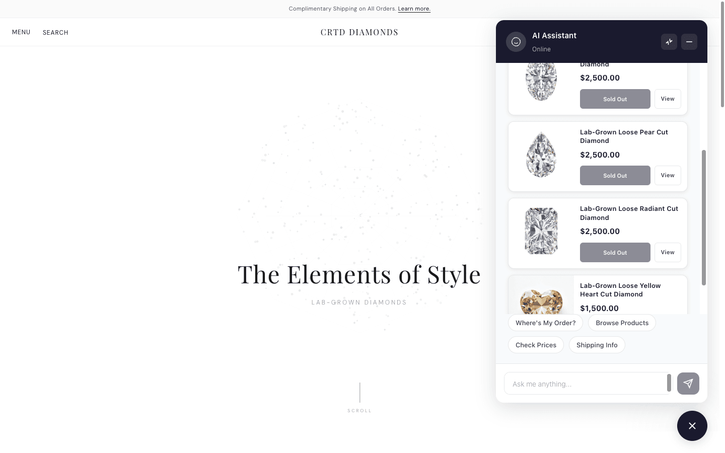 Store AI chat showing oval diamond product recommendations