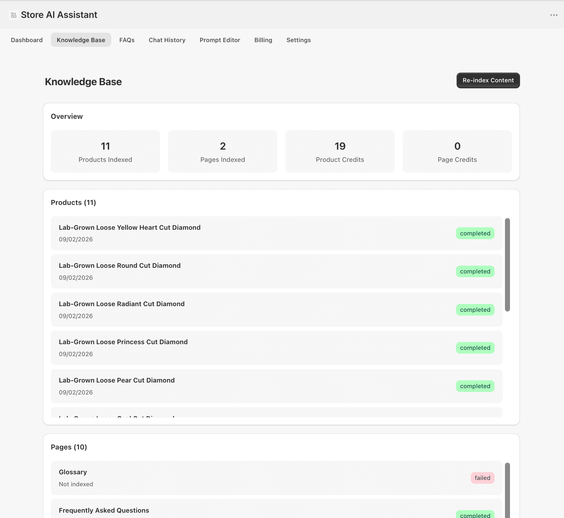 Knowledge base showing 11 indexed products and 10 pages
