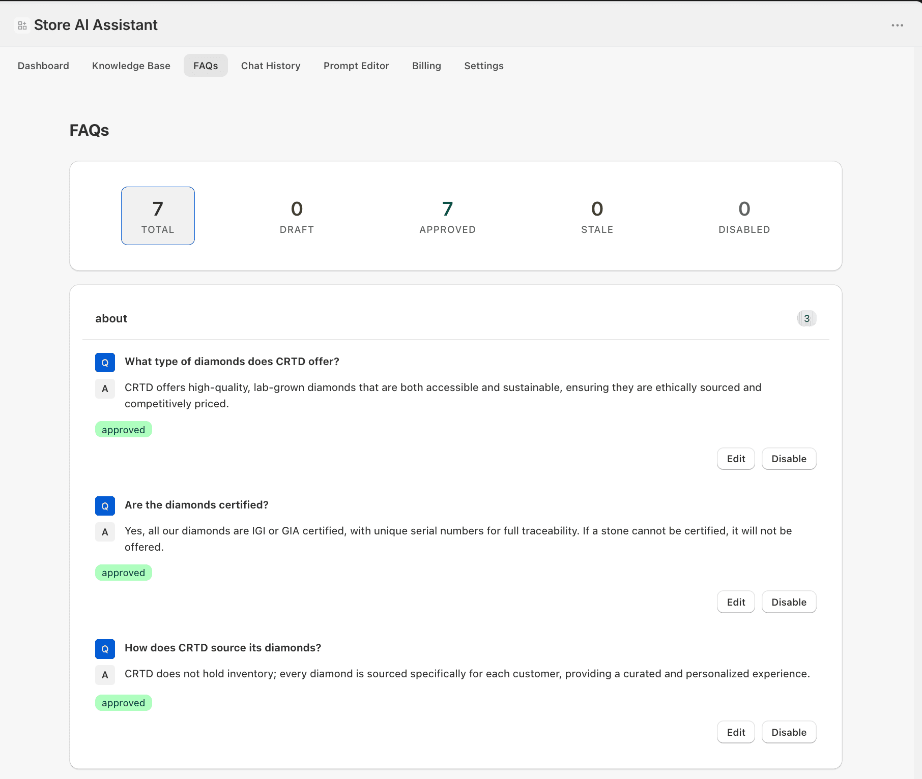 FAQ library with approval states and question groupings