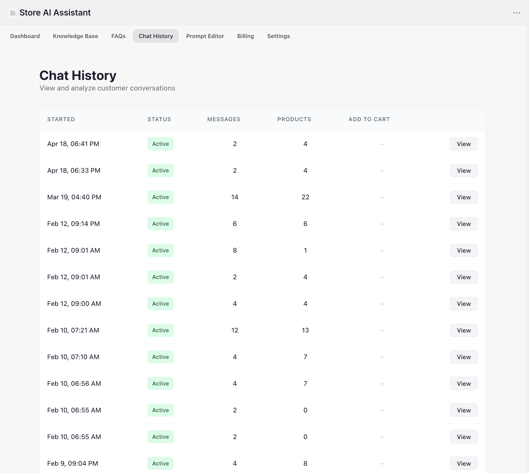 Chat history list with message counts and product interactions