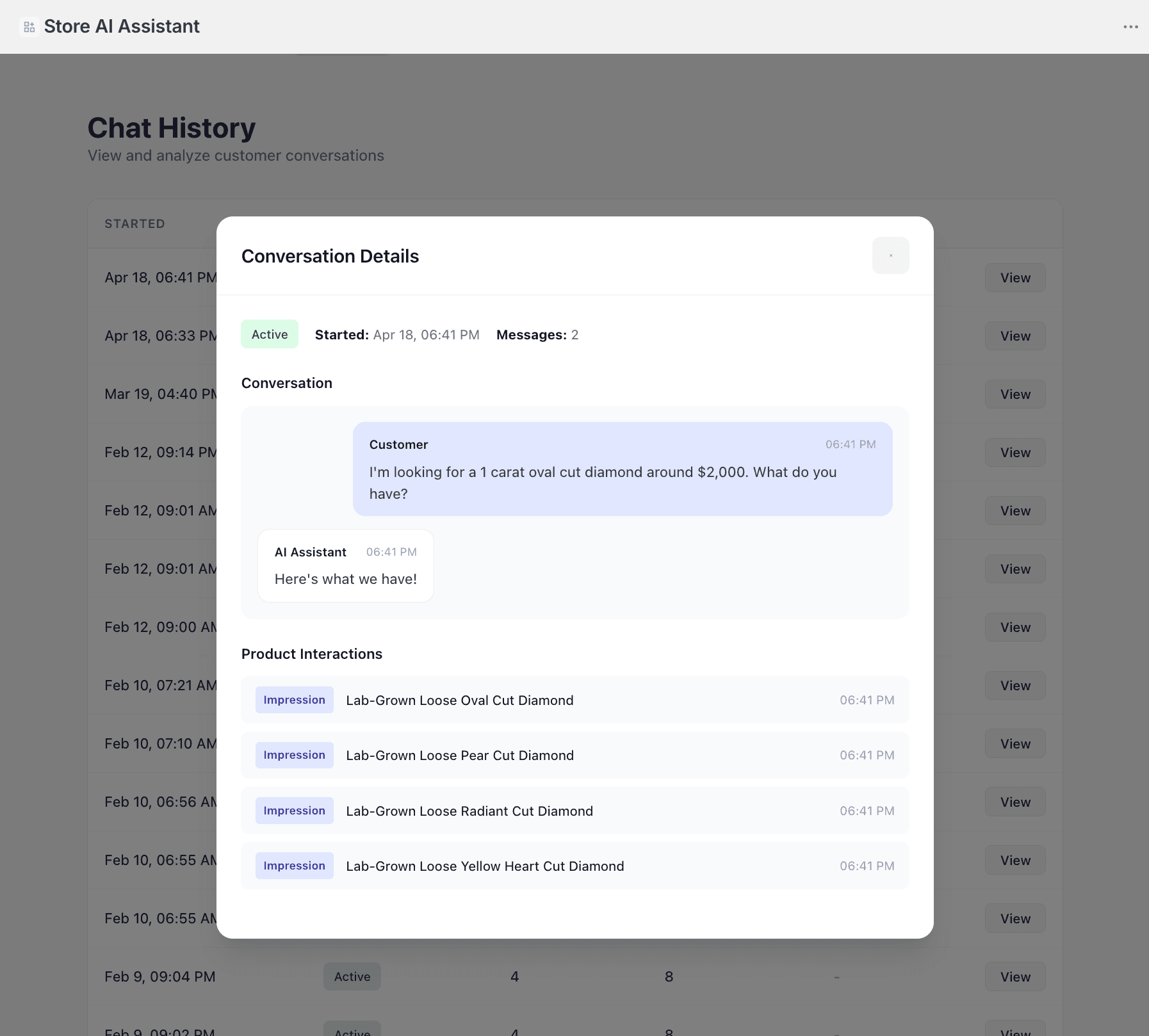 Detail view of a customer conversation with product impressions