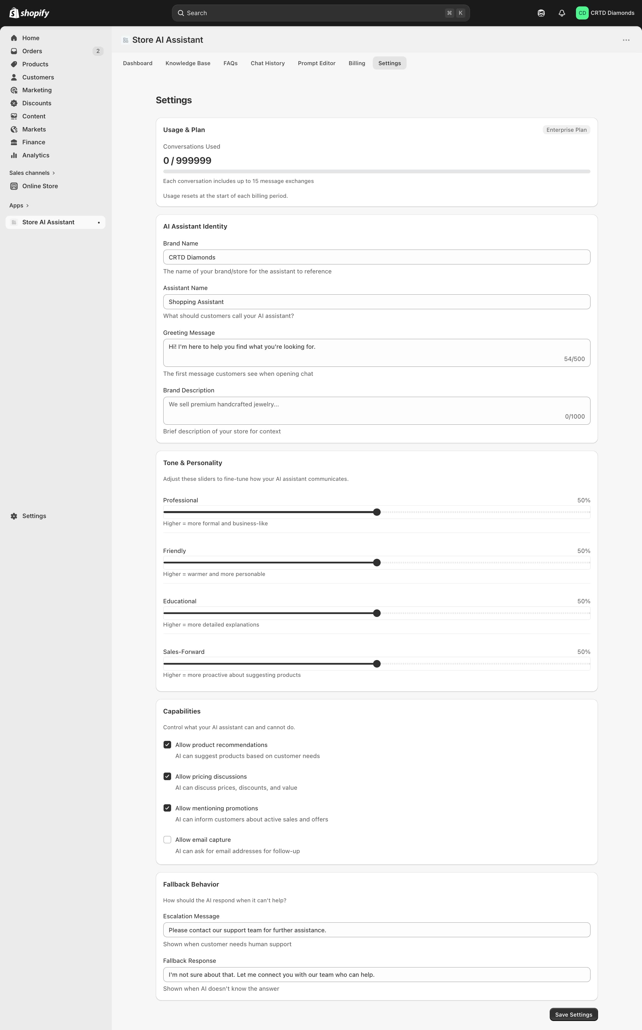 Settings panel with personality sliders and brand voice fields